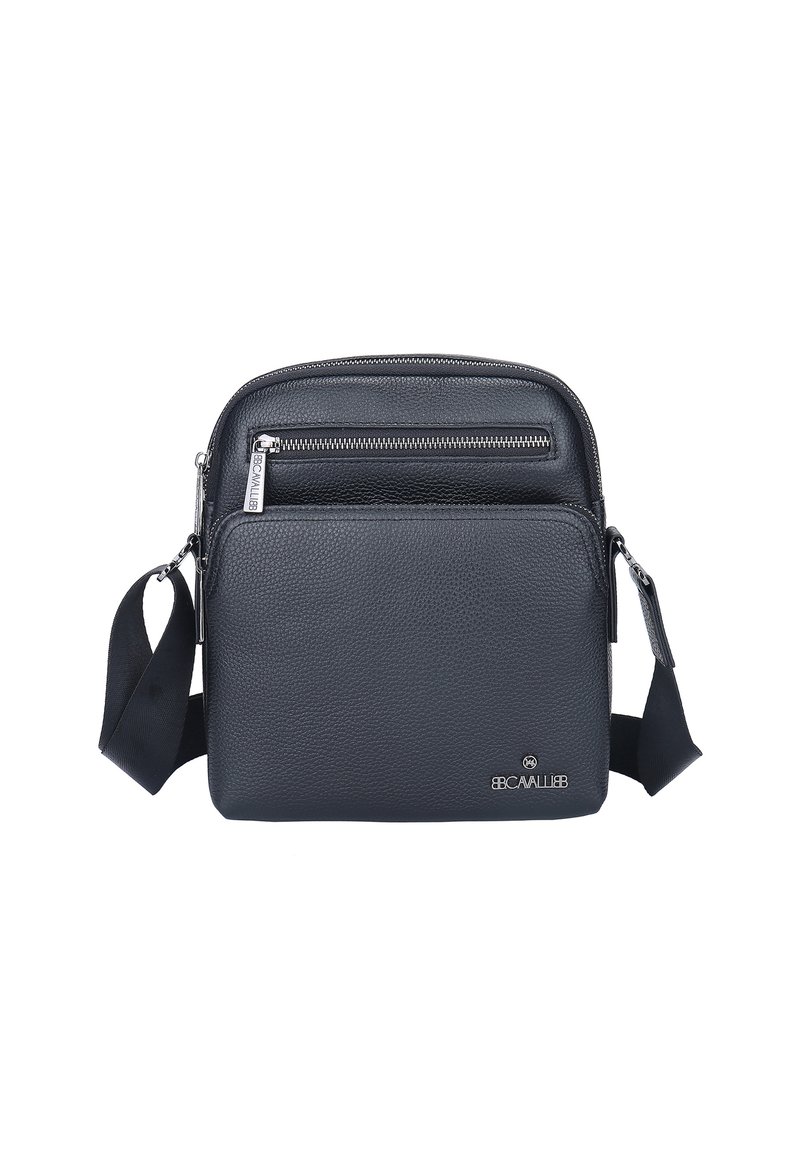 Borsa a tracolla in pelle nera con finitura testurizzata, dotata di due scomparti con zip, tracolla regolabile e un accento con logo.