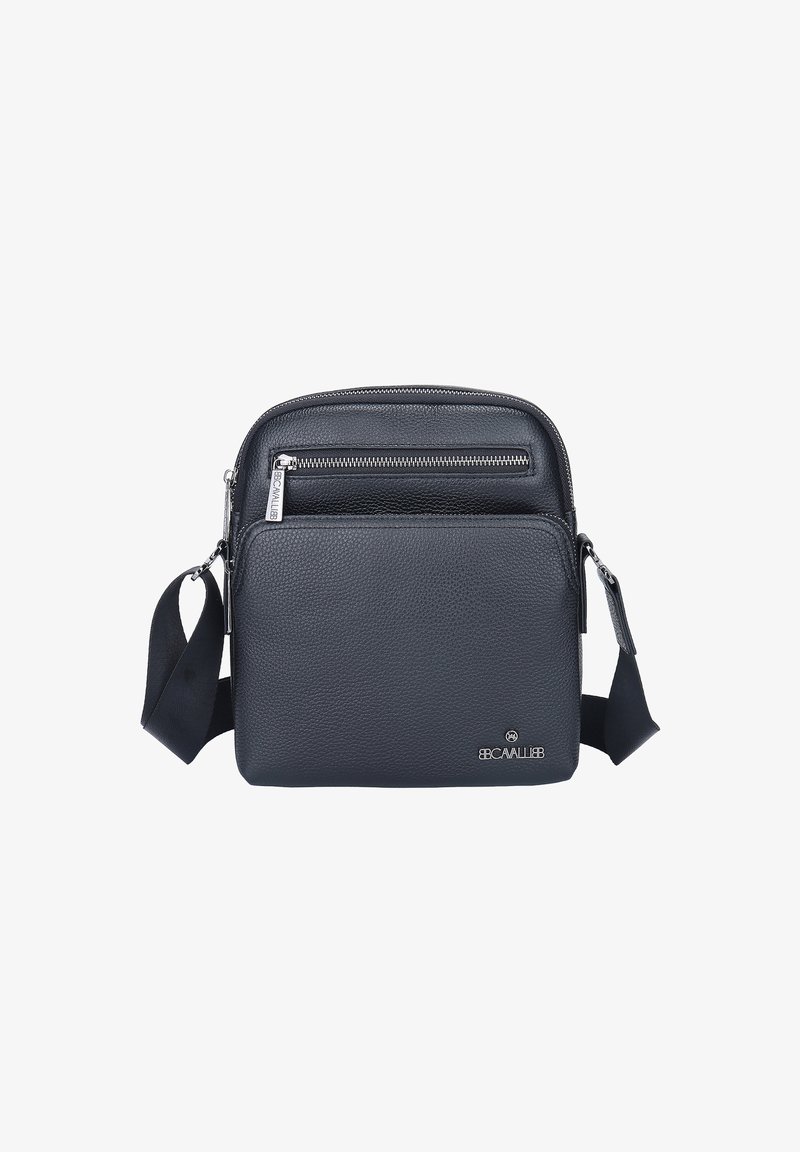 Borsa a tracolla in pelle nera con finitura testurizzata, dotata di due scomparti con zip, tracolla regolabile e un accento con logo.