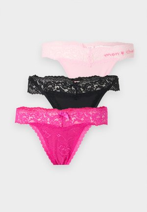Three lace-trimmed women's panties in pink, black, and hot pink with floral patterns and small decorative bows on a white background.