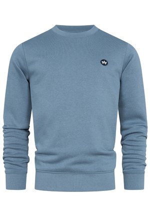 Blå bomulls sweatshirt med rund hals, långa ärmar, ribbade muddar och nederkant; har en liten svart logotyp på bröstet.