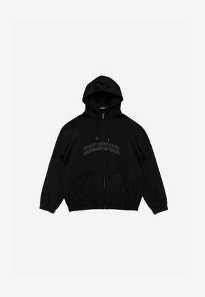Black zip-up hoodie with a drawstring hood, featuring a textured "WASTED" logo on the front and two front pockets. Soft fabric and elastic cuffs.