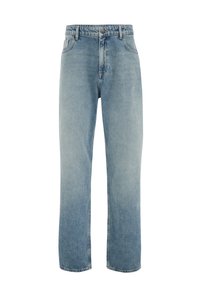 Lichtblauwe denimjeans met een rechte pijp, hoge taille, vijf-pocket stijl en knoopsluiting. Soepele textuur met een vervaagd uiterlijk.