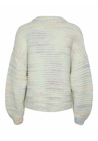 Stickad tröja i pastellfärger med lös passform, rund halsringning och ribbade ärmslut. Har texturerade mönster över hela plagget.