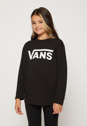 Czarna koszulka z długim rękawem z dużym białym logo "VANS" na klatce piersiowej, wykonana z miękkiego materiału w klasycznym kroju z okrągłym dekoltem.