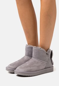 Bottes chelsea en daim gris avec une doublure en fourrure douce et un accent en ruban à l'arrière, dotées d'une semelle en caoutchouc plate et de détails de couture minimaux.