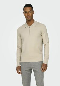 Beige gestricktes Poloshirt mit langen Ärmeln und einem halben Reißverschluss, ausgestattet mit einem flachen Kragen und einer figurnahen Silhouette, kombiniert mit grauen Hosen.