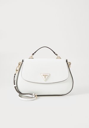 Borsa bianca con una finitura texturizzata, hardware dorato, dettagli neri e un design strutturato. Include un manico corto e una tracolla rimovibile.