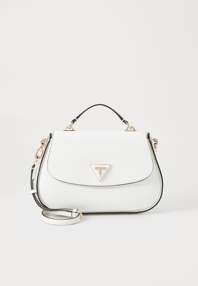 Borsa bianca con una finitura texturizzata, hardware dorato, dettagli neri e un design strutturato. Include un manico corto e una tracolla rimovibile.