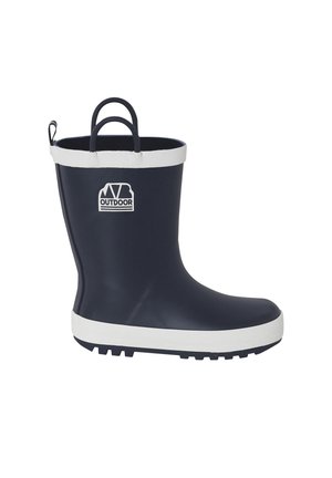 Navy blue rubber rain boot with white trim and tread, two pull handles, and "Outdoor" logo on the side.