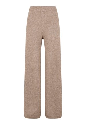 Pantalones de punto de pierna ancha en un tono marrón claro con una cinturilla y puños acanalados, confeccionados con una tela suave y texturizada. No se ven bolsillos.