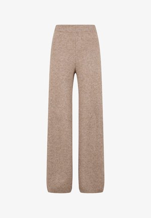 Pantalones de punto de pierna ancha en un tono marrón claro con una cinturilla y puños acanalados, confeccionados con una tela suave y texturizada. No se ven bolsillos.