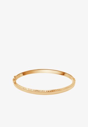 Złota bransoletka bangle o gładkiej powierzchni, z wykręconym wzorem wzdłuż krawędzi oraz mechanizmem zapięcia do zamykania.