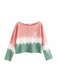 Roosa ja roheline sidrunimustriga crop top, valmistatud pehmest kangast. Omab pikki varrukaid ja ümarat krae, millel on kiri "Troopiline puhkus".