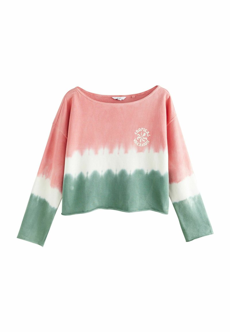 Roosa ja roheline sidrunimustriga crop top, valmistatud pehmest kangast. Omab pikki varrukaid ja ümarat krae, millel on kiri "Troopiline puhkus".