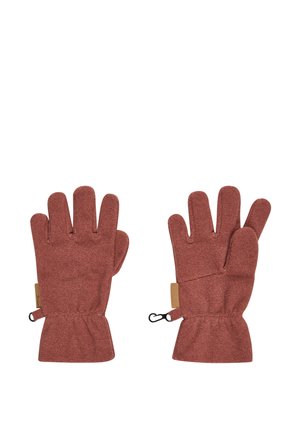 Pair of rust-colored fabric gloves with elastic wrists and small black clips on each cuff, shown flat with fingers extended.