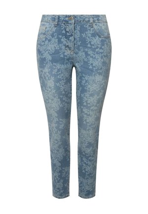 Jeans in denim blu chiaro con stampa floreale, caratterizzati da un design aderente, tasche e vita di media altezza. Texture liscia e cuciture classiche.