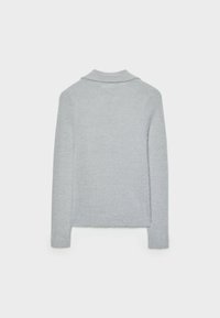 Maglione grigio chiaro a maniche lunghe in maglia con colletto ripiegato, mostrato da dietro su uno sfondo bianco semplice.