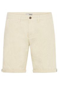 Beige katoenen shorts met een sluiting aan de voorkant met een knoop, zijzakken en opgerolde zomen; gestructureerde stof met een subtiel patroon.