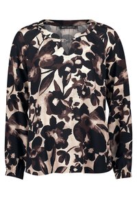 Long-sleeve blouse featuring a floral pattern in black and brown on a beige background. Material appears smooth with elastic cuffs. V-neck design.