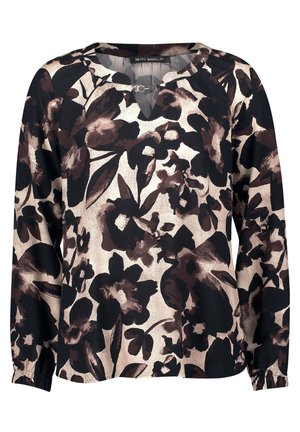 Blusa a maniche lunghe con motivo floreale in nero e marrone su sfondo beige. Il materiale sembra liscio con polsini elasticizzati. Design a V.