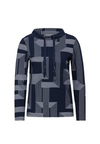 Marineblaue Kapuzenjacke mit weißem geometrischem Muster. Verfügt über einen hohen Kragen, eine Zugkordel und lange Ärmel aus strukturiertem Stoff.