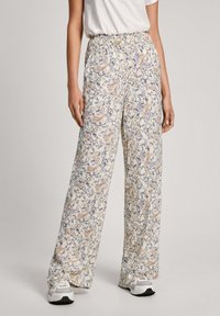 Pantalones de pierna ancha florales en tejido ligero, con un estampado de paisley en azul y melocotón, con una cinturilla elástica y un ajuste relajado.