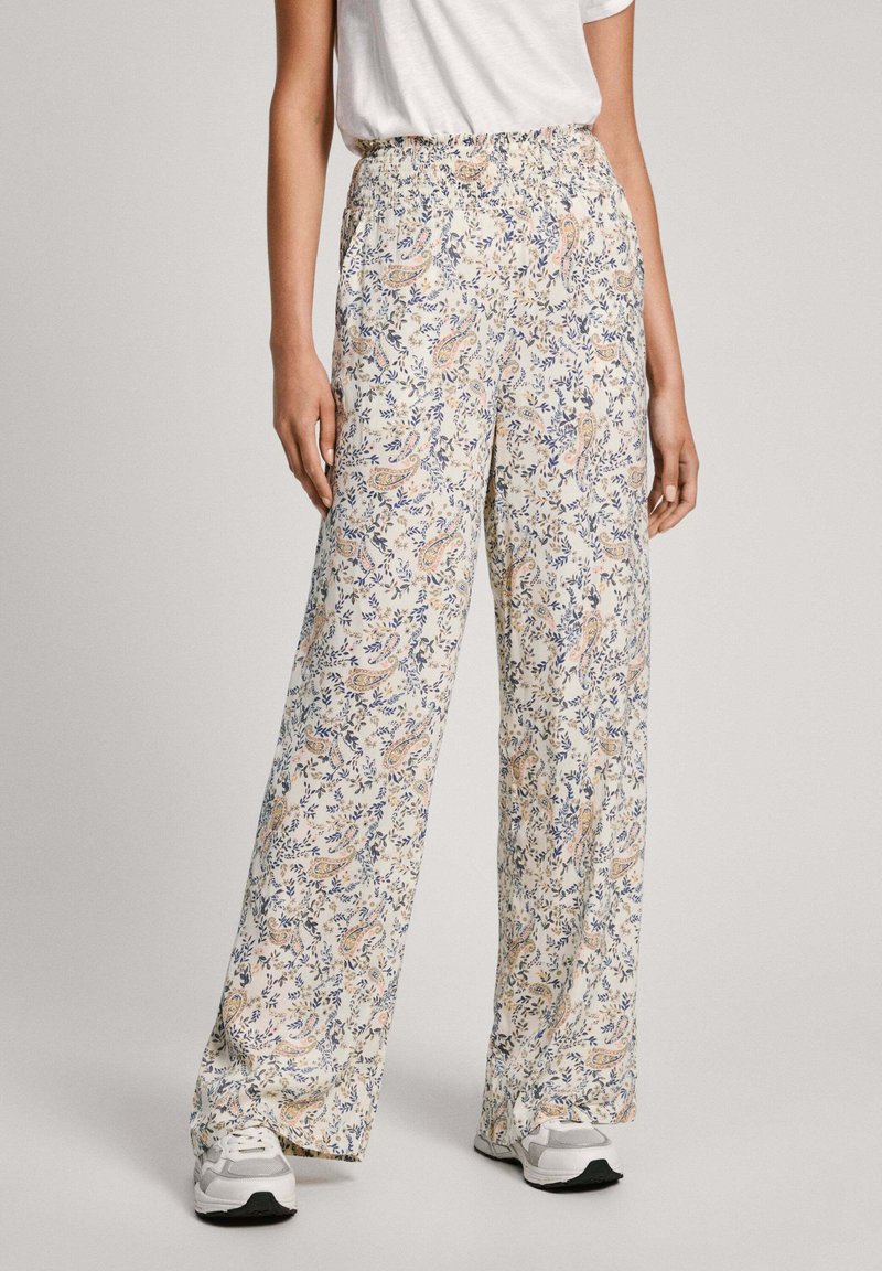 Blumige weite Hosen aus leichtem Material, mit einem Paisley-Muster in Blau und Pfirsich, elastischem Bund und lockerer Passform.