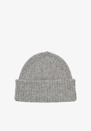 Gray knit beanie made of soft material with a ribbed cuff, rounded top, and a textured finish. Suitable for cooler weather.