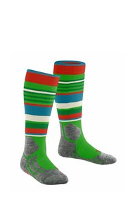 Calze fino al ginocchio con strisce rosse, verdi e blu, dotate di imbottitura grigia e tallone rinforzato. Realizzate in un materiale testurizzato ed elastico.