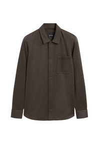 Lange mouwen bruine shirt van zachte stof, met een puntige kraag, knoopsluiting en een enkele borstzak. Soepele textuur.