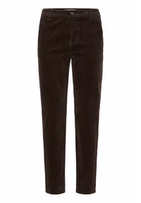 Braune Cord-Hosen mit geradem Schnitt, vorderen Taschen und einem Reißverschluss mit Knopfverschluss. Weicher Stoff und vertikale Rippdetails.