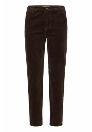 Pantalones de pana marrones con un corte recto, bolsillos frontales y una cremallera con cierre de botón. Textura suave y detalle de costillas verticales.