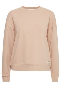 Lys rosa sweatshirt laget av myk bomullsblanding. Har en rund halslinning, dropped shoulders, og en liten merketagg på kanten.