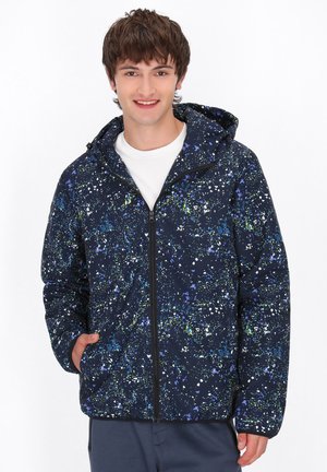 Navy blue hooded jacket with a splatter pattern in green and white, featuring a full zipper and side pockets, made of a smooth, lightweight material.