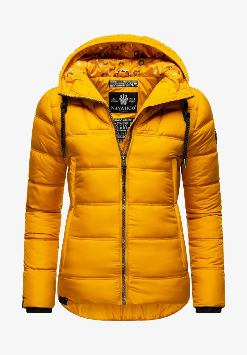 Yellow padded jacket with a hood, featuring a front zipper, black drawstrings, and an interior pattern. Quilted design with ribbed cuffs.