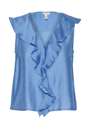 Blå satin ärmlös topp med V-ringning och lager av volanger framtill, med en slät textur och en lätt flödande silhuett.