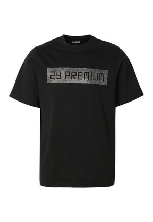 T-shirt noir à manches courtes avec "2Y PREMIUM" écrit en petits points blancs sur la poitrine dans un motif rectangulaire.