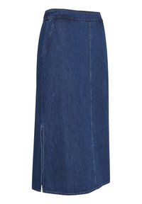 Sukně z tmavě modrého denimu střední délky se bočním rozparkem a detaily na předním švu, obsahující pásek a boční kapsy.