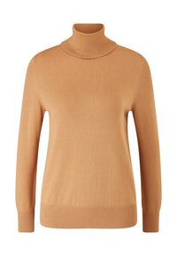 Svetr s rolákem v barvě velbloudí, vyrobený z měkkého materiálu, s přiléhavým střihem, dlouhými rukávy a žebrovanými prvky u límce a lemu.