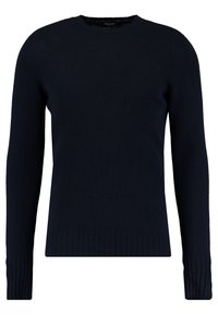 Granatowy sweter dzianinowy, okrągły dekolt, długie rękawy, prążkowany dół, miękka faktura, bez wzorów i zdobień, casualowy fason.