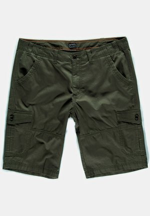 Olivenfarvede cargo shorts lavet af en bomuldsblanding. Har flere lommer, frontlukning med knap og syede detaljer for holdbarhed.