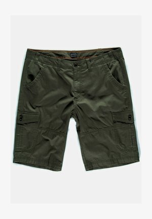 Olivenfarvede cargo shorts lavet af en bomuldsblanding. Har flere lommer, frontlukning med knap og syede detaljer for holdbarhed.