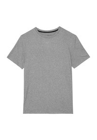 Camiseta gris de manga corta hecha de una tela suave y lisa. Presenta un cuello redondo y un diseño simple, liso y sin adornos.