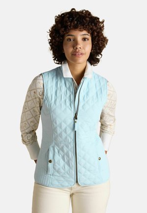 Frau mit lockigem Haar trägt eine hellblaue gesteppte Weste mit Reißverschluss über einem gemusterten langärmeligen Hemd und hellen Hosen, blickt nach vorne.