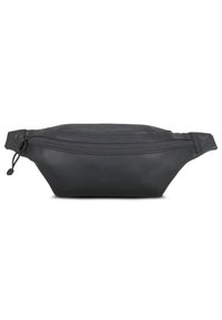 Schwarze Leder-Bauchtasche mit einem Reißverschluss, geschwungener Form und geprägtem Logo-Detail. Hat eine strukturierte Oberfläche und einen verstellbaren Träger.