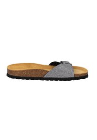 Black and grey slide sandal featuring a textured fabric upper, cork footbed, and a black rubber sole with a slight elevation. Silver buckle detail.
