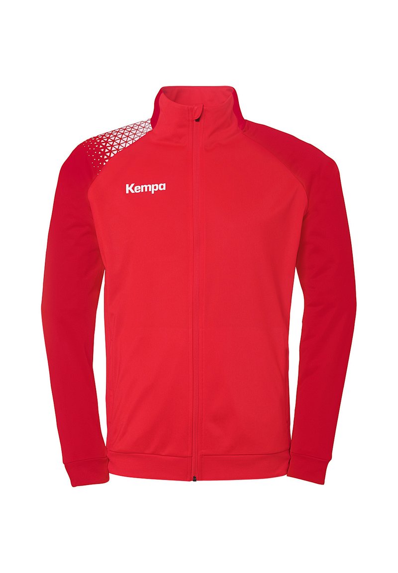 Rød atletisk jakke med høj krave, fuld lynlås og strukturerede mesh-detaljer på skuldrene; prydet med Kempa-logoet i hvid.
