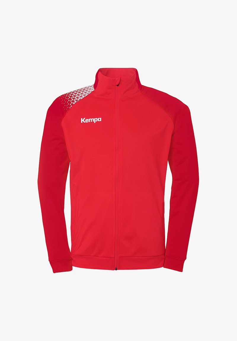 Red athletic jacket with a high collar, full zipper, and textured mesh accents on the shoulders; features the Kempa logo in white.