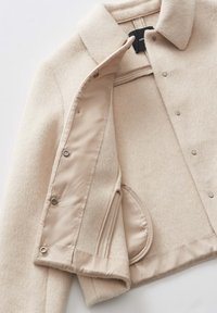 Beige wolmix jas met een zachte, gestructureerde buitenkant; heeft een klassieke kraag, drukknoopsluiting en een gladde voering.