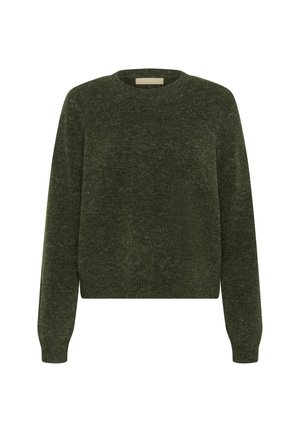 Suéter verde de punto con mangas largas, cuello redondo y un diseño corto. La textura parece suave y tiene un sutil patrón jaspeado.